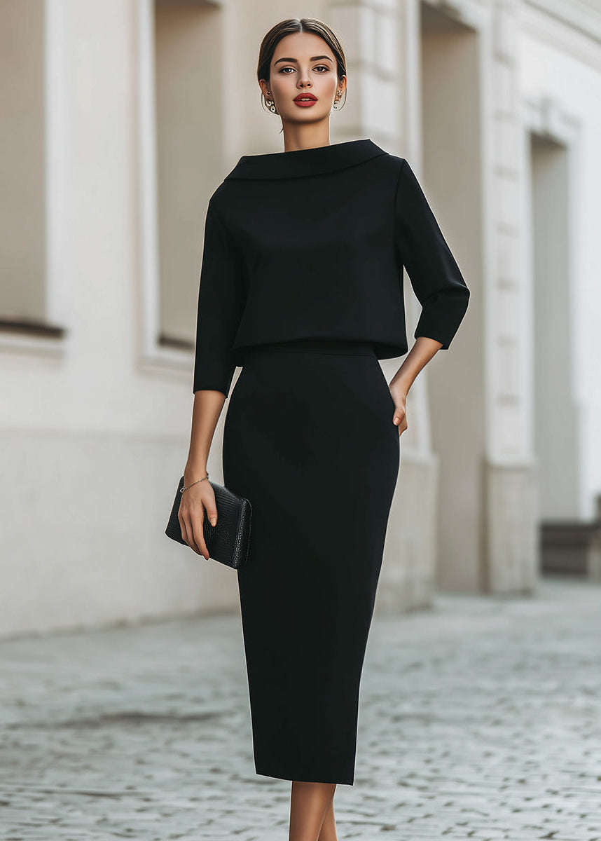 Women’s Boat Neck Midi Skirt Set with Elegant 3/4 Sleeves