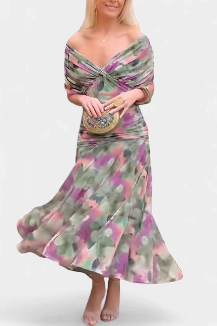 Women's Elegant V-Neck Shirred Maxi Dress