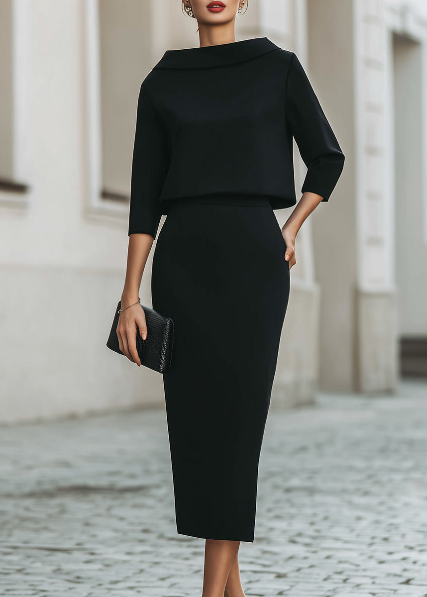 Women’s Boat Neck Midi Skirt Set with Elegant 3/4 Sleeves