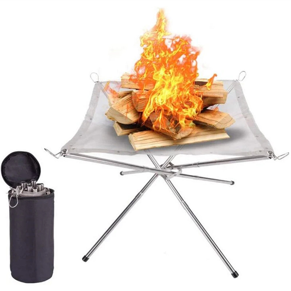 PyraSola Portable Fire Pit - 3 in 1 Collapsible Camping Grill Outdoor Heater - Compact 304 Stainless Steel Low Smoke Mesh Wood Burner