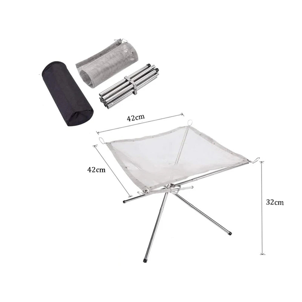 PyraSola Portable Fire Pit - 3 in 1 Collapsible Camping Grill Outdoor Heater - Compact 304 Stainless Steel Low Smoke Mesh Wood Burner