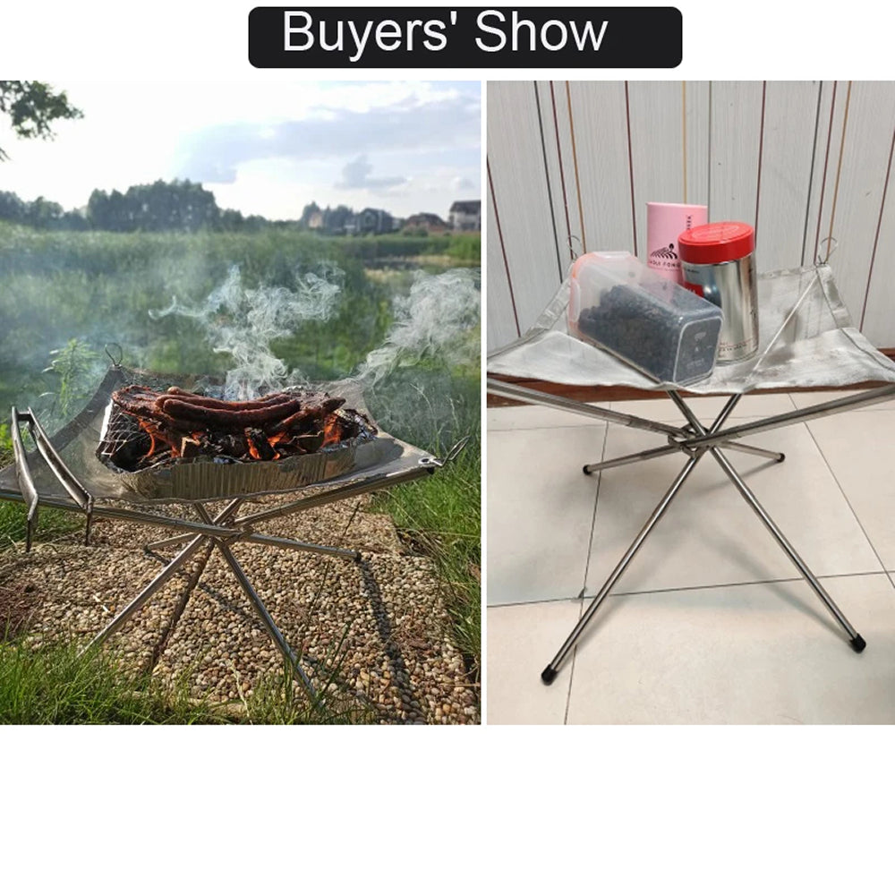 PyraSola Portable Fire Pit - 3 in 1 Collapsible Camping Grill Outdoor Heater - Compact 304 Stainless Steel Low Smoke Mesh Wood Burner