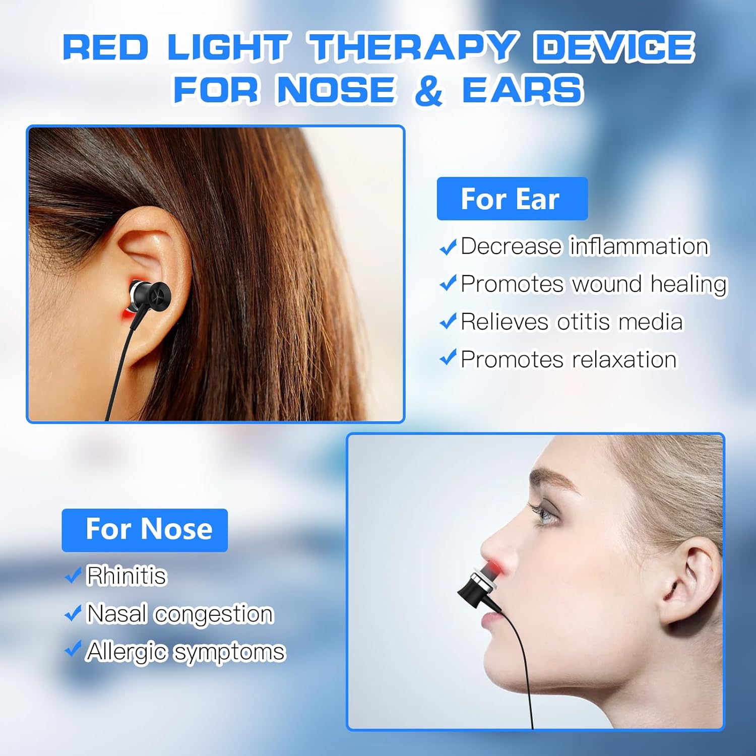 Red Light Therapy For Ears | 650nm Laser Tech | Dual Ear Nasal Probe | Long Battery | Non Invasive
