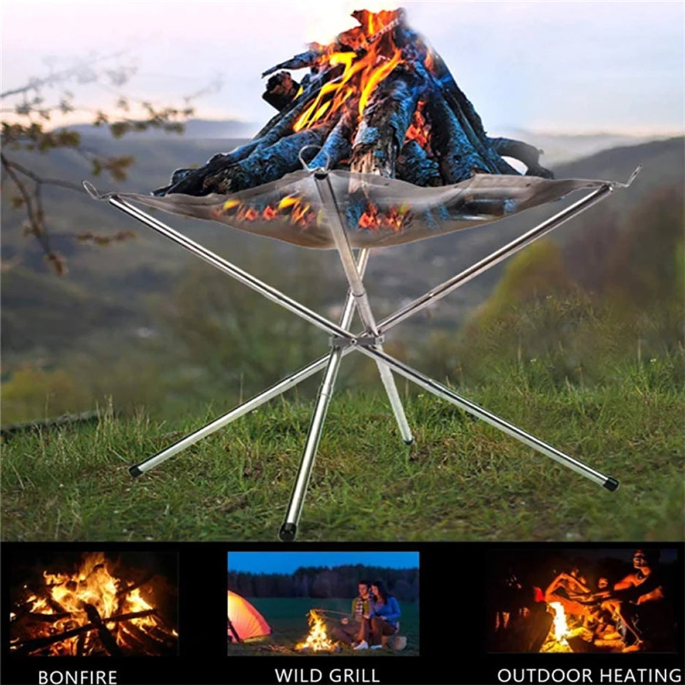 PyraSola Portable Fire Pit - 3 in 1 Collapsible Camping Grill Outdoor Heater - Compact 304 Stainless Steel Low Smoke Mesh Wood Burner