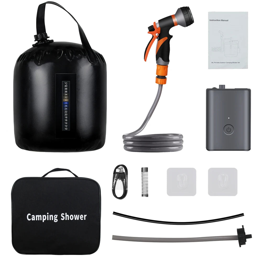 ClinyShowe 20L Portable Camping Shower ,Solar Heating Bag Rechargeable Electric Shower Pump