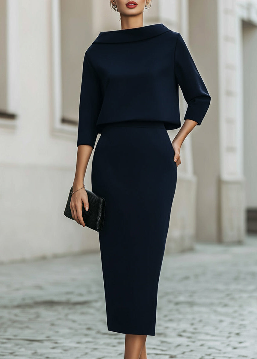 Women’s Boat Neck Midi Skirt Set with Elegant 3/4 Sleeves