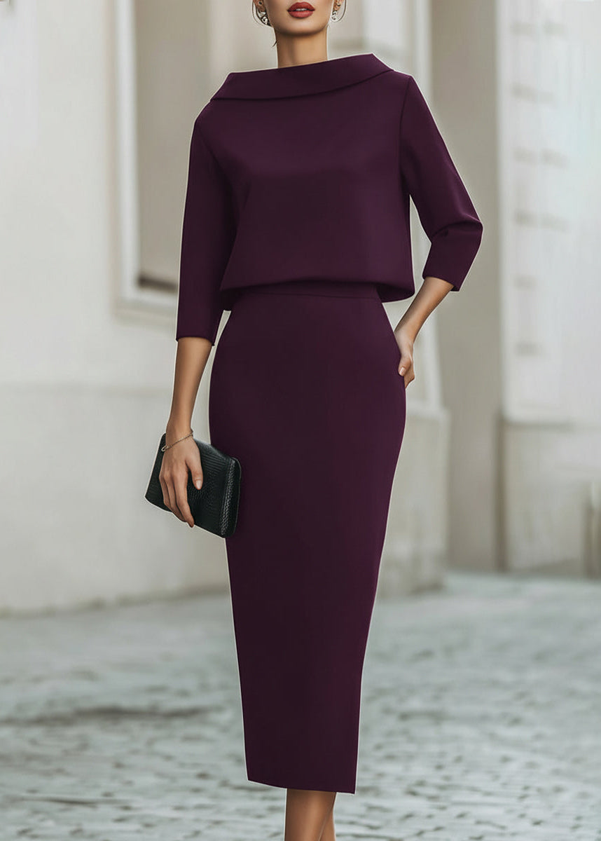 Women’s Boat Neck Midi Skirt Set with Elegant 3/4 Sleeves