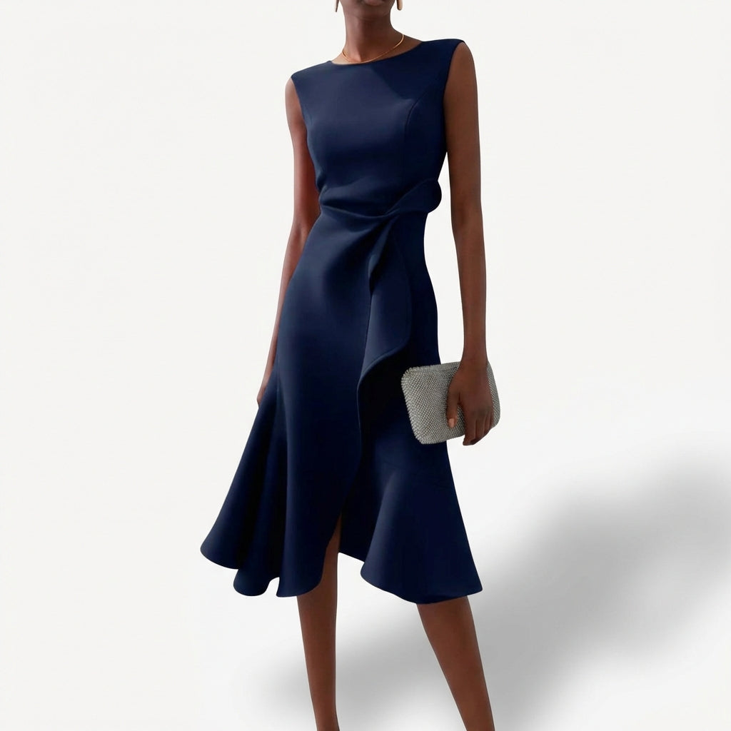 Women's Draped Midi Dress Asymmetrical Ruffle