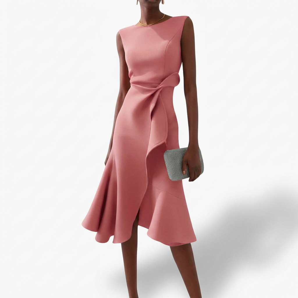 Women's Draped Midi Dress Asymmetrical Ruffle
