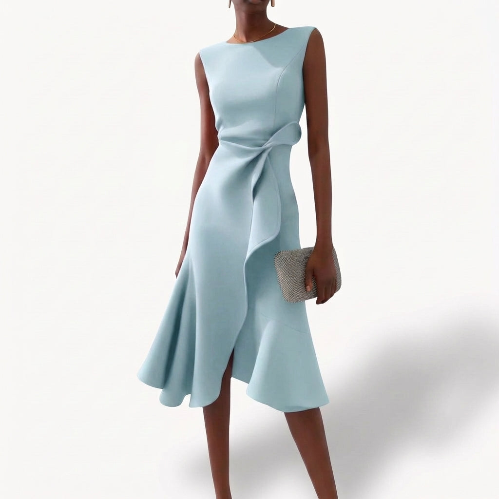 Women's Draped Midi Dress Asymmetrical Ruffle