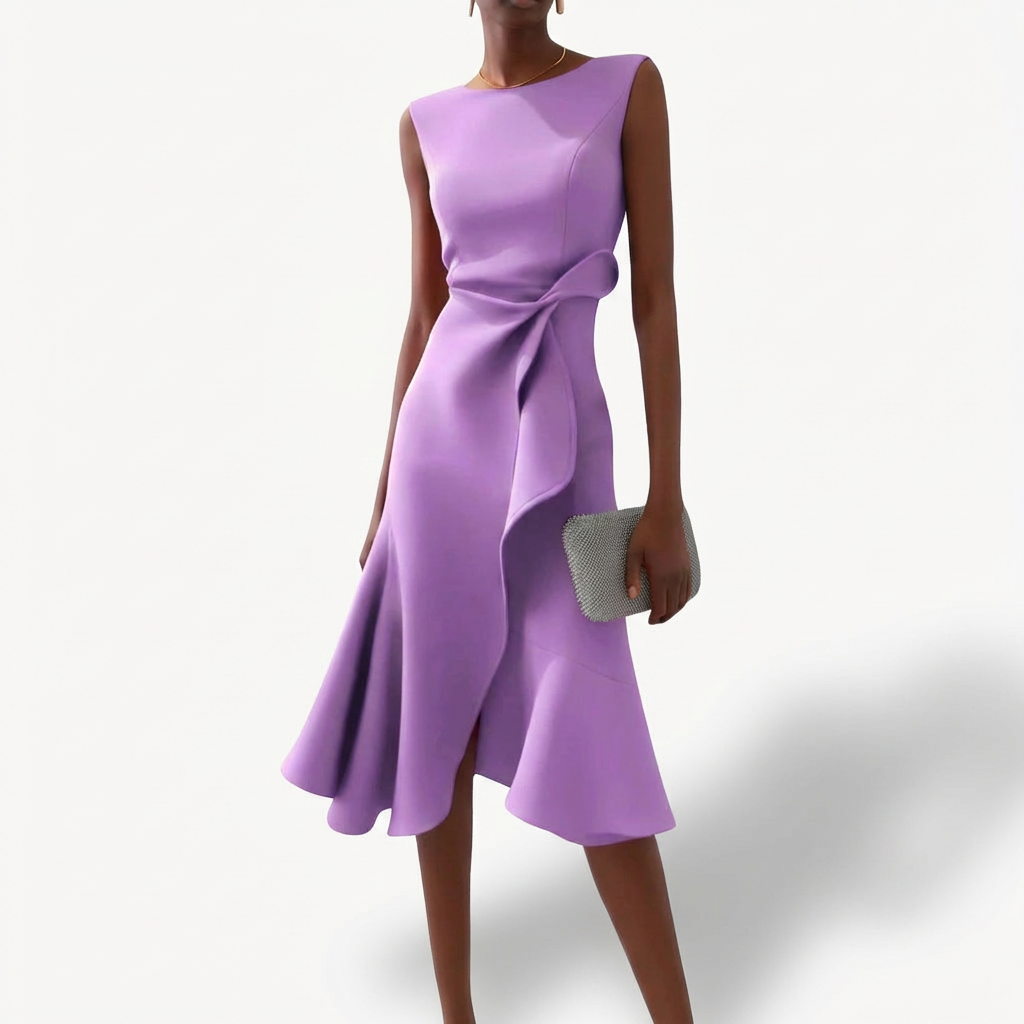 Women's Draped Midi Dress Asymmetrical Ruffle