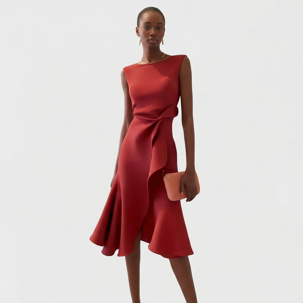 Women's Draped Midi Dress Asymmetrical Ruffle