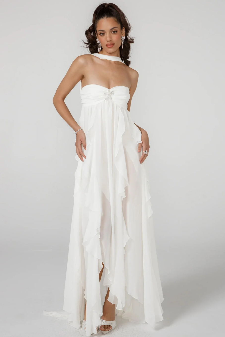 Ethereal Maxi Dress with Halter Neck and Backless Design for Elegant Occasions and Special Moments