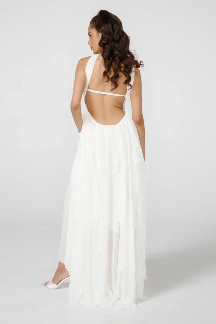 Ethereal Maxi Dress with Halter Neck and Backless Design for Elegant Occasions and Special Moments