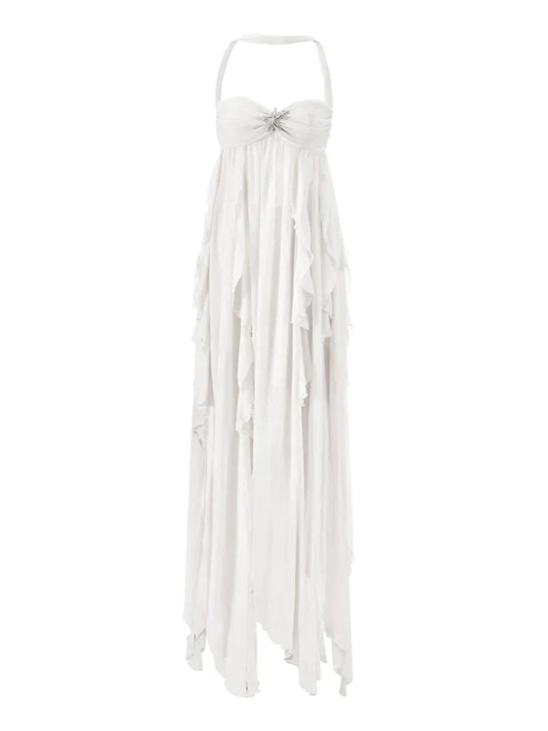Ethereal Maxi Dress with Halter Neck and Backless Design for Elegant Occasions and Special Moments