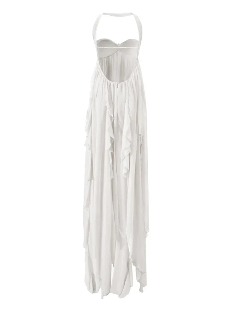 Ethereal Maxi Dress with Halter Neck and Backless Design for Elegant Occasions and Special Moments