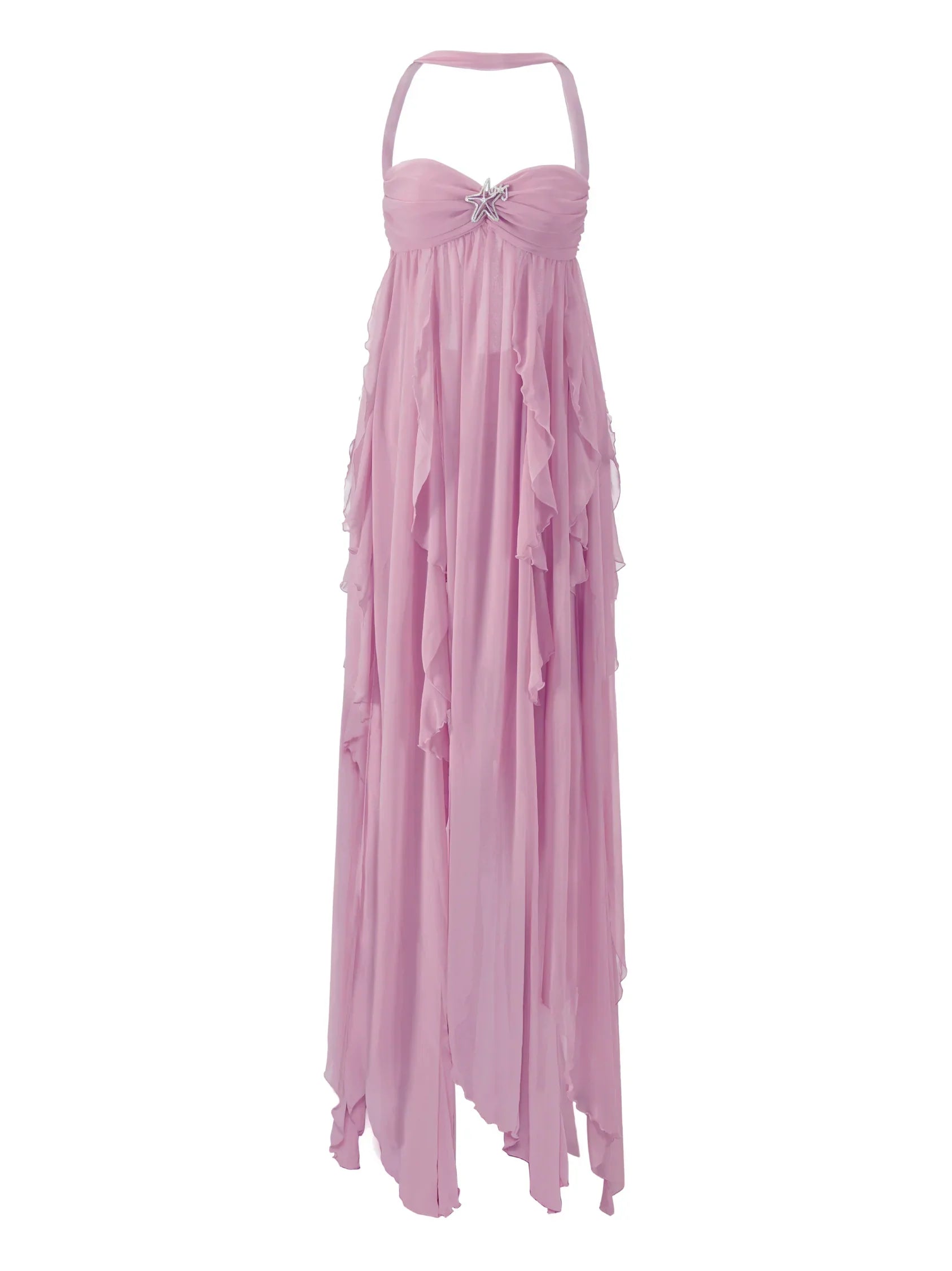 Ethereal Maxi Dress with Halter Neck and Backless Design for Elegant Occasions and Special Moments