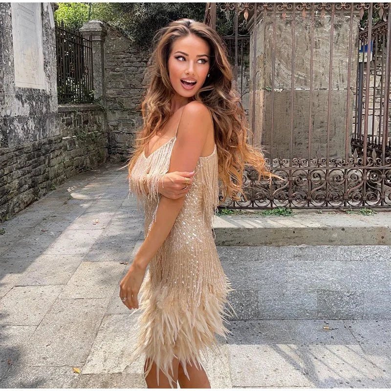 Elegant Feather Mini Dress with Flattering Fit