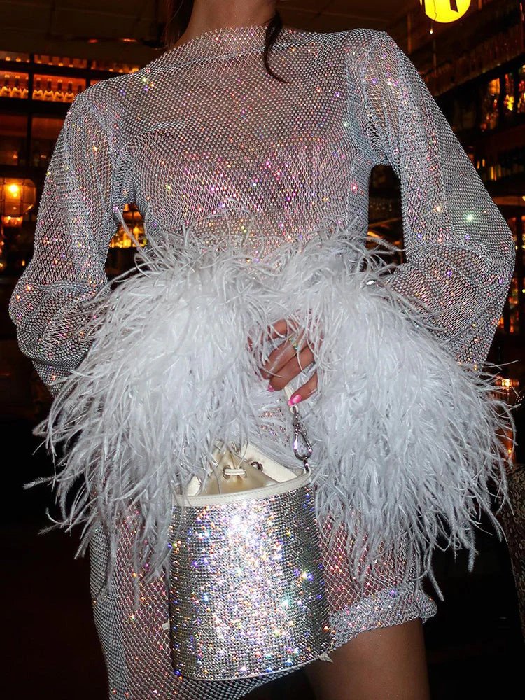 Mayra Shimmer Cocktail Mini Dress Feather Cuffs