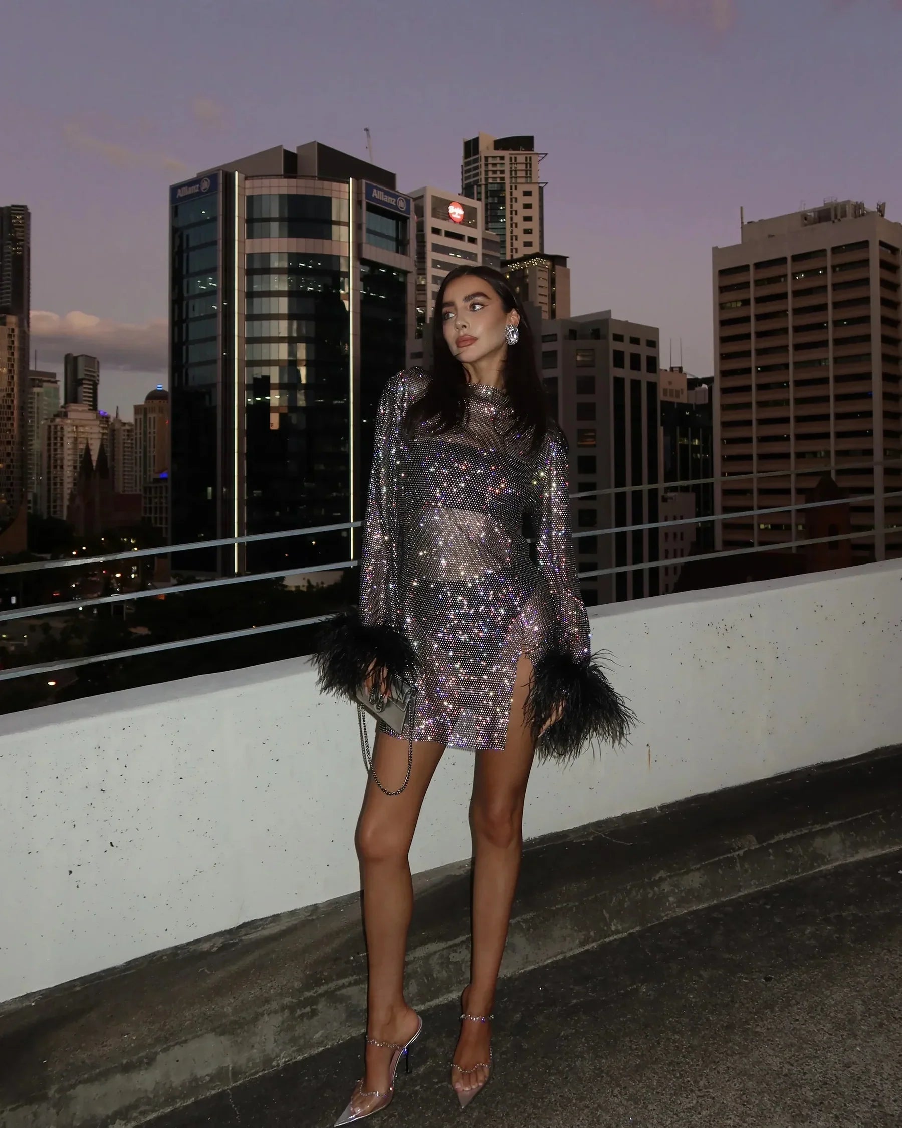Mayra Shimmer Cocktail Mini Dress Feather Cuffs