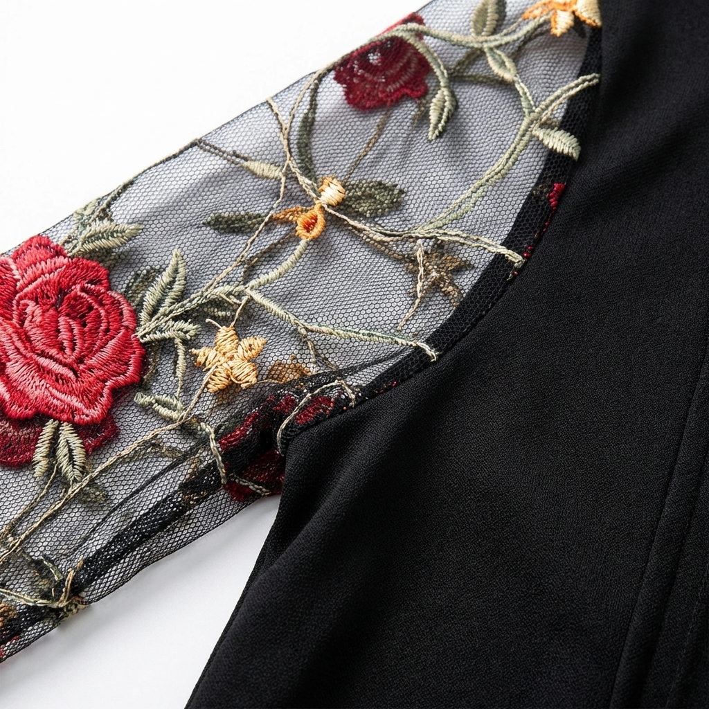 Women's Black V-Neck Dress with Sheer Sleeves and Embroidery