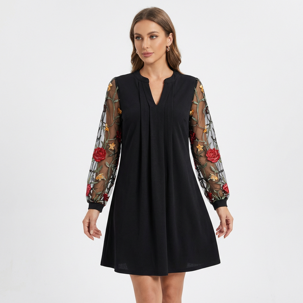 Women's Black V-Neck Dress with Sheer Sleeves and Embroidery
