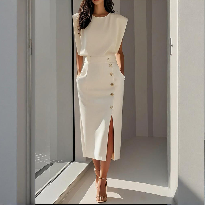 Women’s Structured Midi Dress Side Button Detail Split Hem Tailored Fit Elegant Style