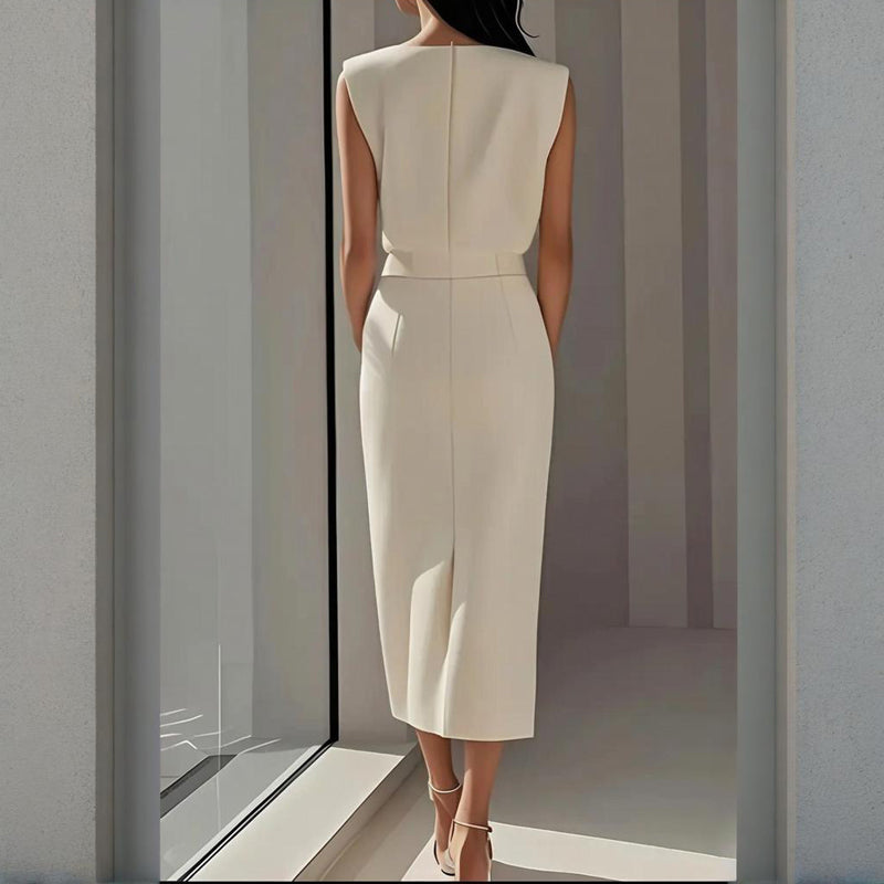 Women’s Structured Midi Dress Side Button Detail Split Hem Tailored Fit Elegant Style