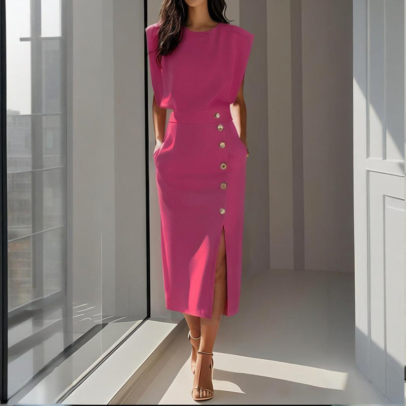 Women’s Structured Midi Dress Side Button Detail Split Hem Tailored Fit Elegant Style