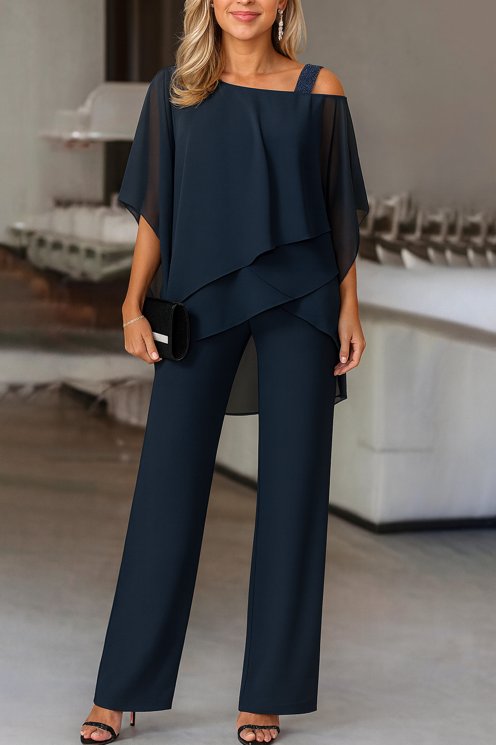 Stylish Evening Set for Women With Off-Shoulder Top And Wide Pants