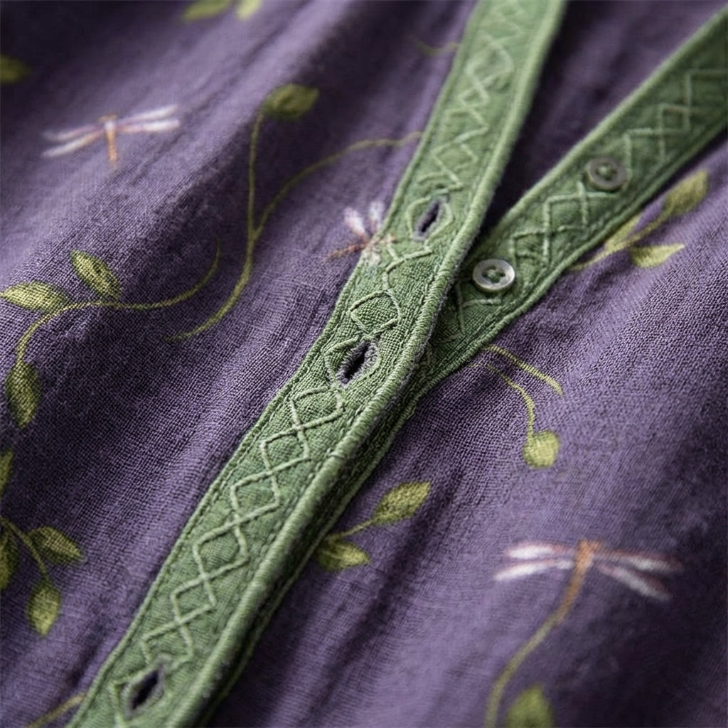 Women's Purple Printed Blouse with Mandarin Collar and Long Sleeves