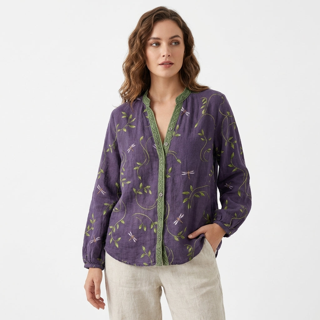 Women's Purple Printed Blouse with Mandarin Collar and Long Sleeves