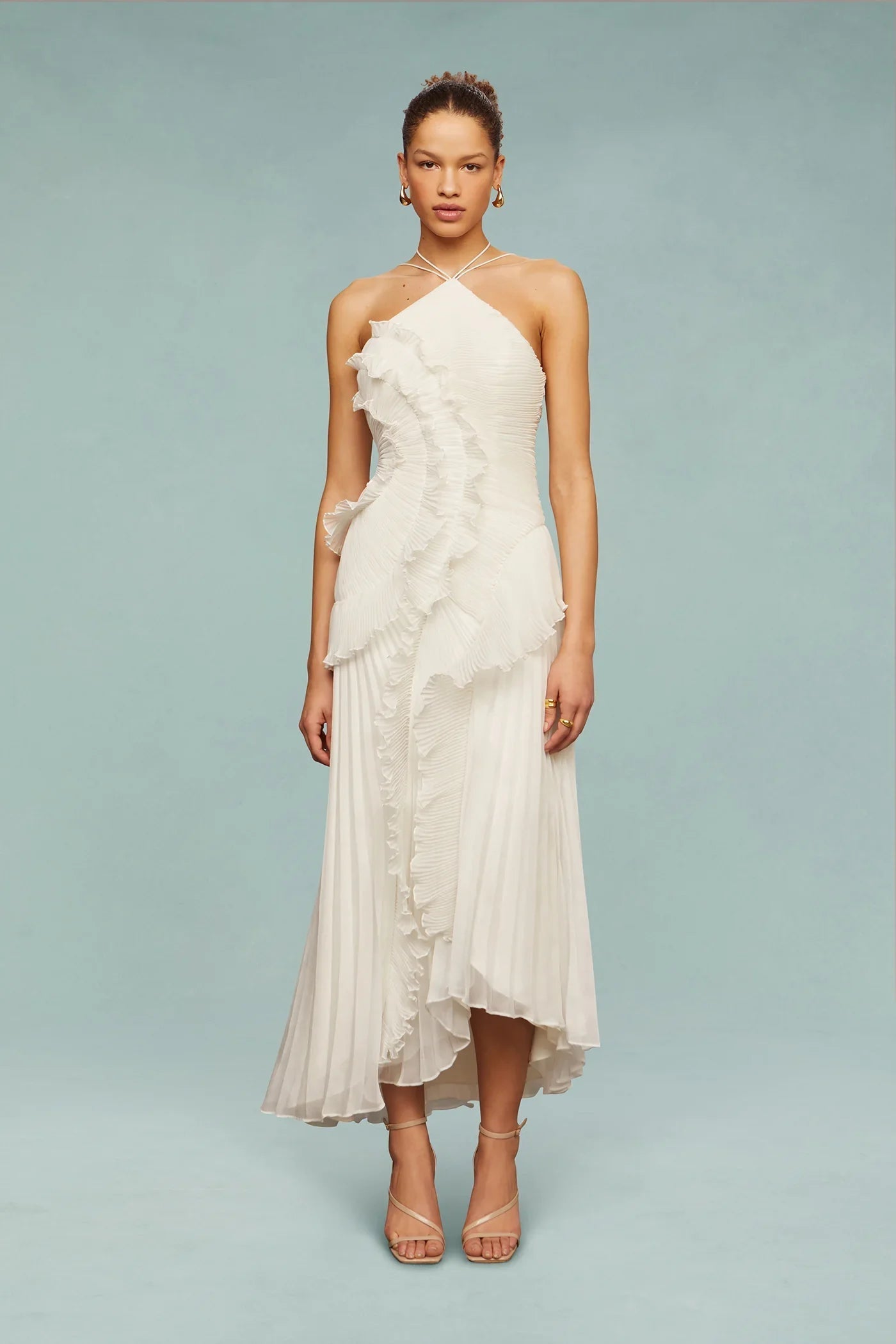 Ruffle Halter Maxi Dress With Pleated Ruffles