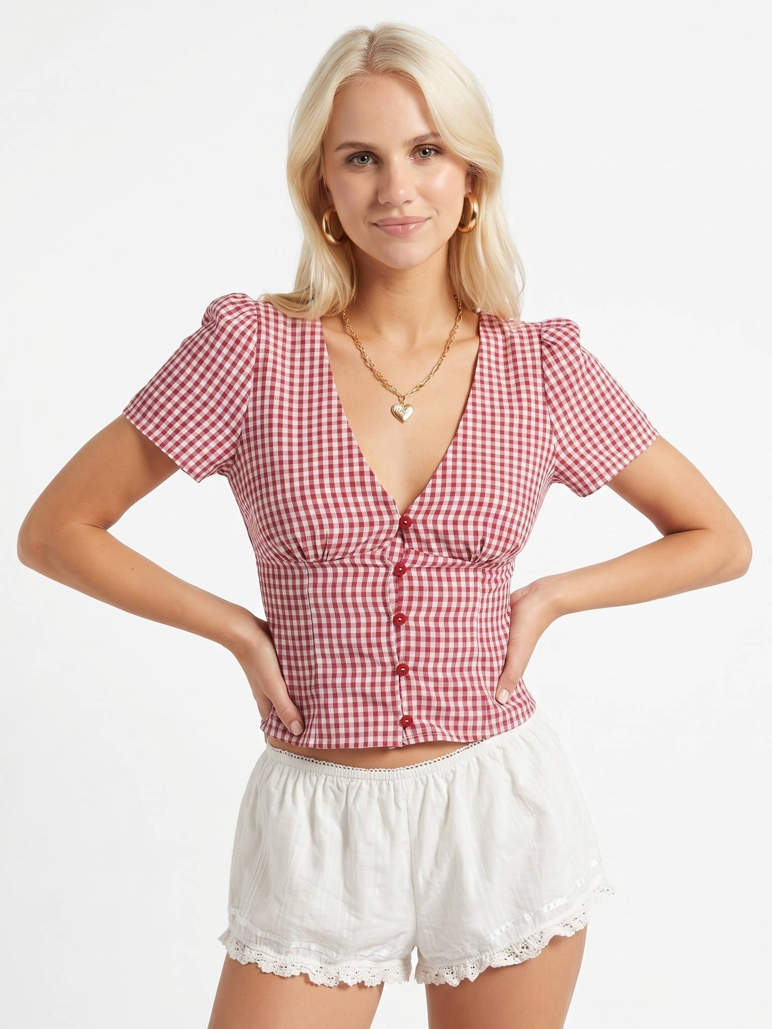 Womens Plaid V Neck Blouse Short Sleeve, Button Front Casual Summer Shirt for Daily Wear
