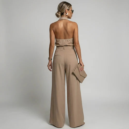 Elegant Women's Palazzo Pants and High Neck Halter Top Jumpsuit