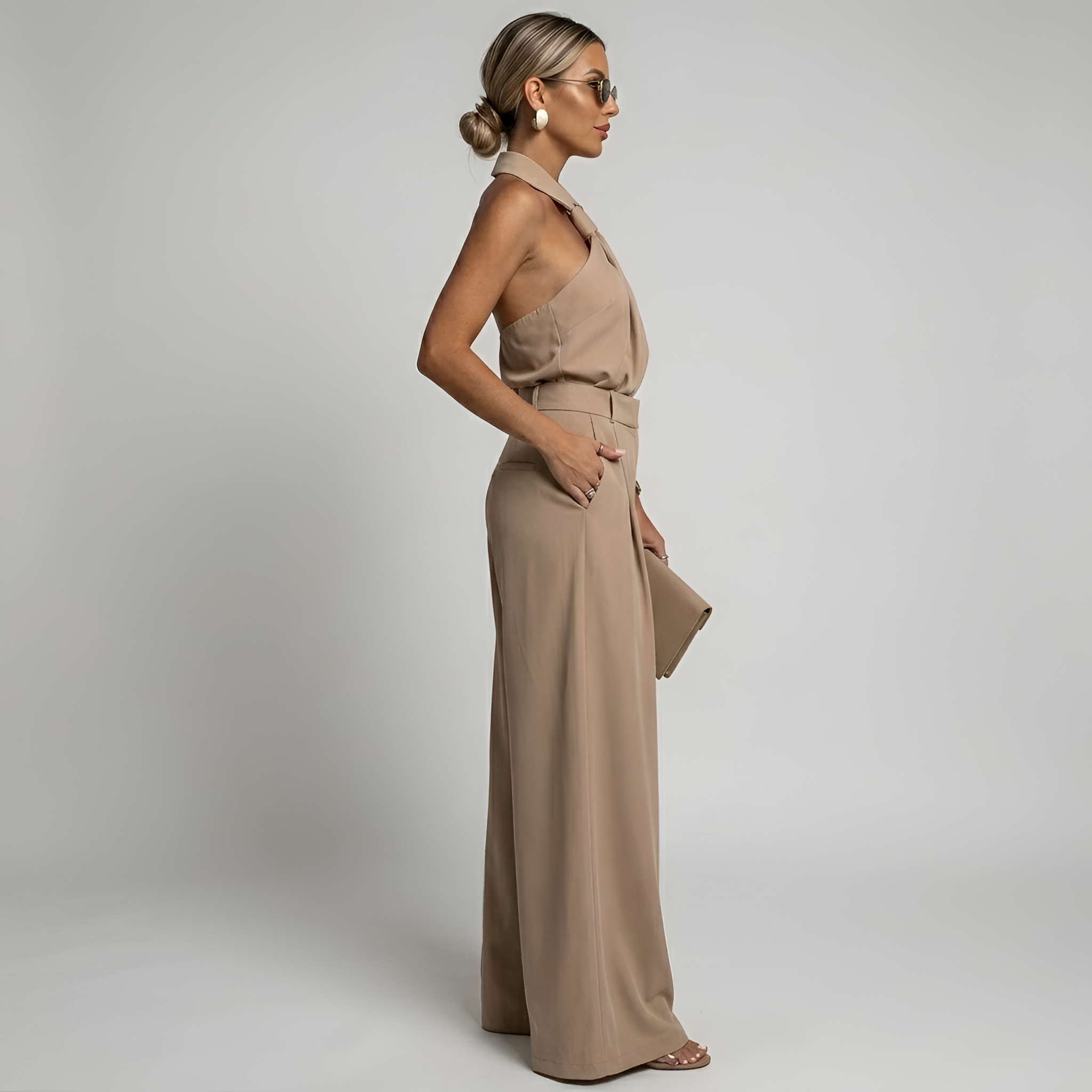 Elegant Women's Palazzo Pants and High Neck Halter Top Jumpsuit