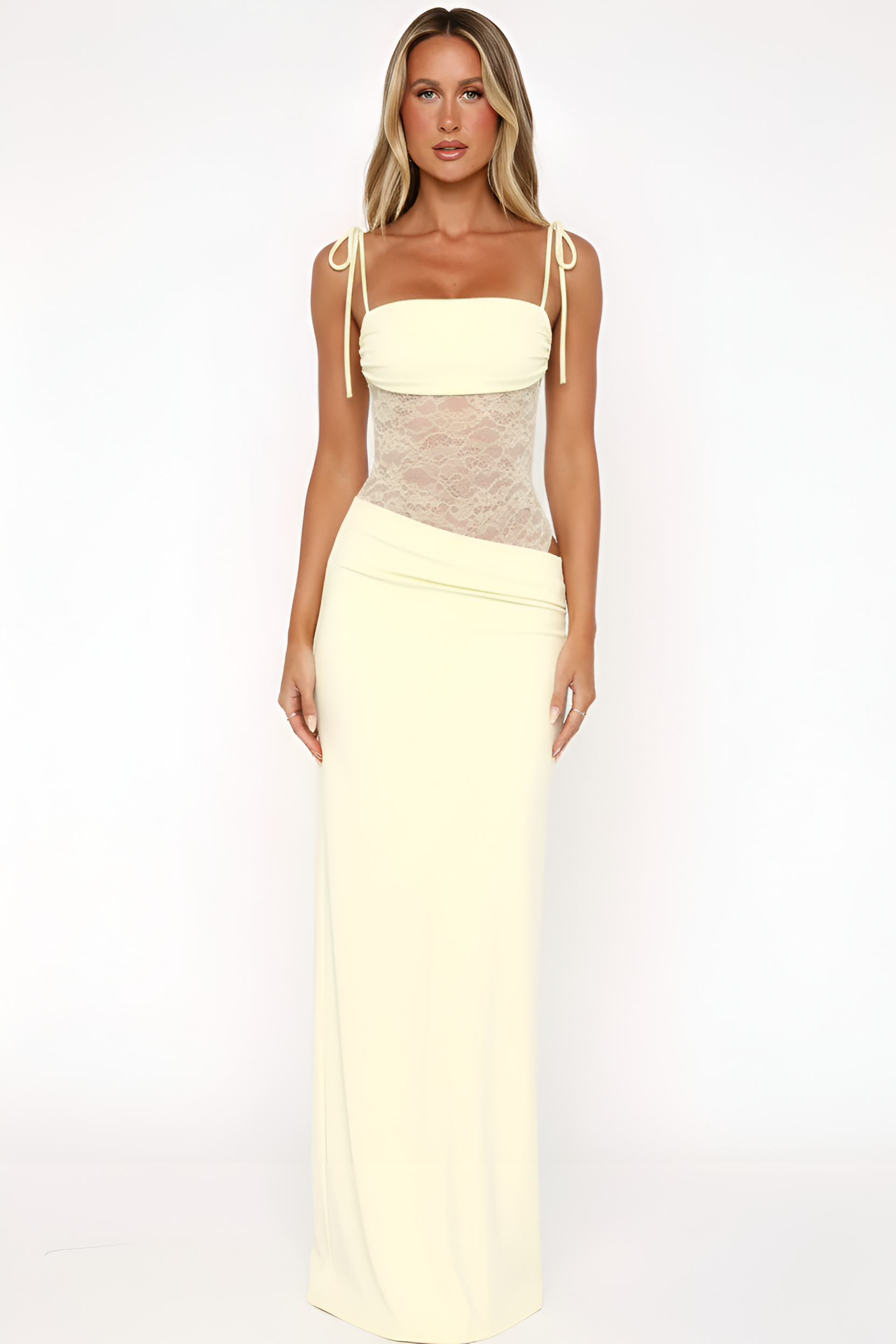 Women's long dress with lace bodice and thin shoulder straps