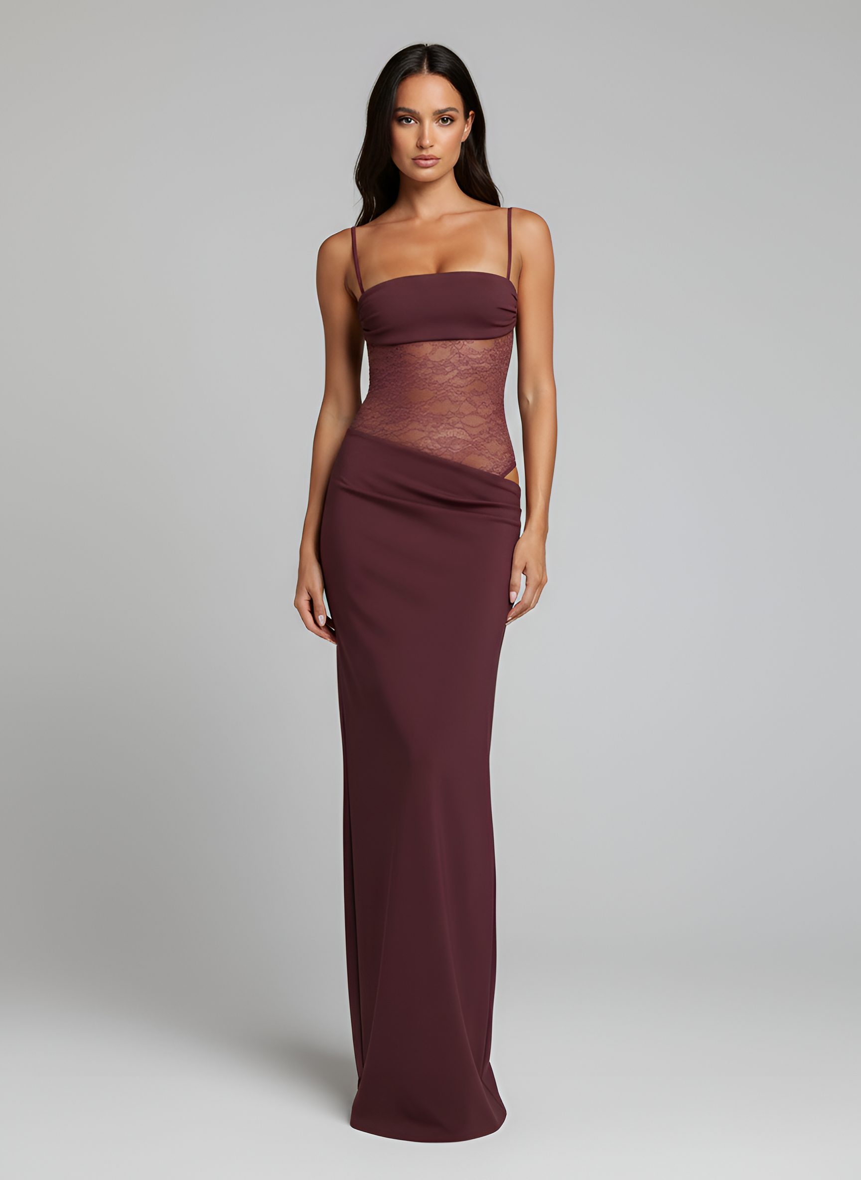 Women's long dress with lace bodice and thin shoulder straps