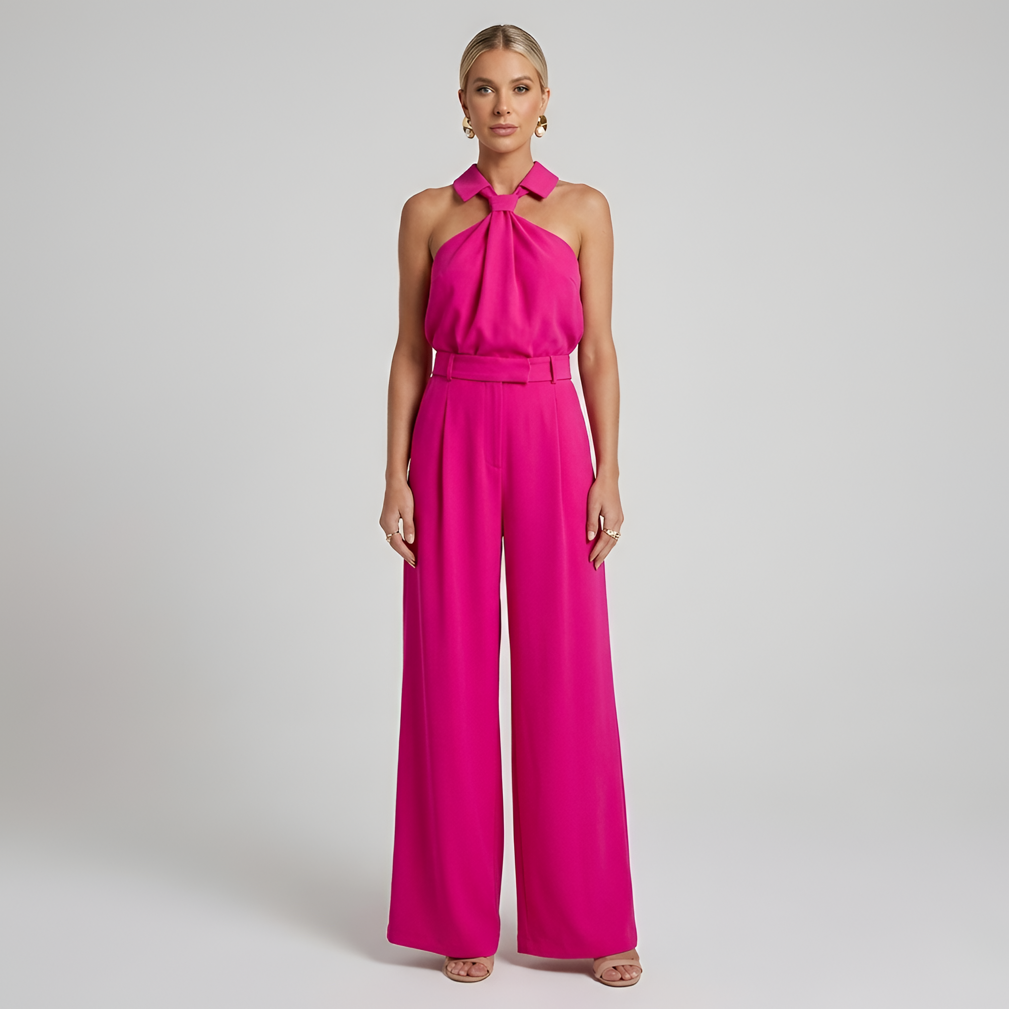 Elegant Women's Palazzo Pants and High Neck Halter Top Jumpsuit