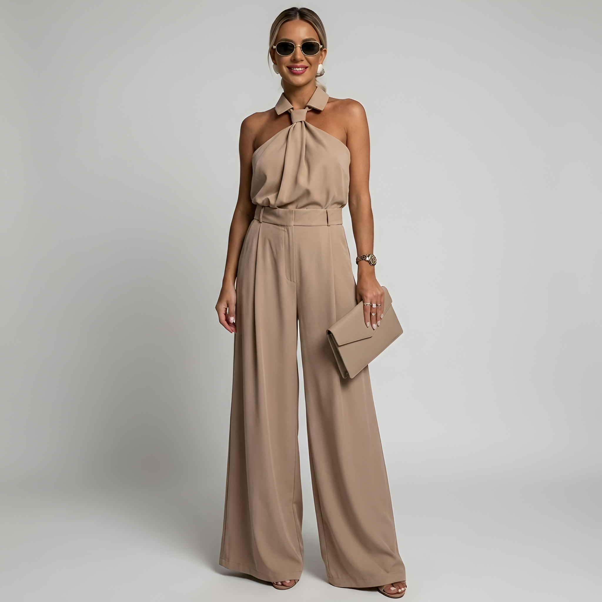 Elegant Women's Palazzo Pants and High Neck Halter Top Jumpsuit