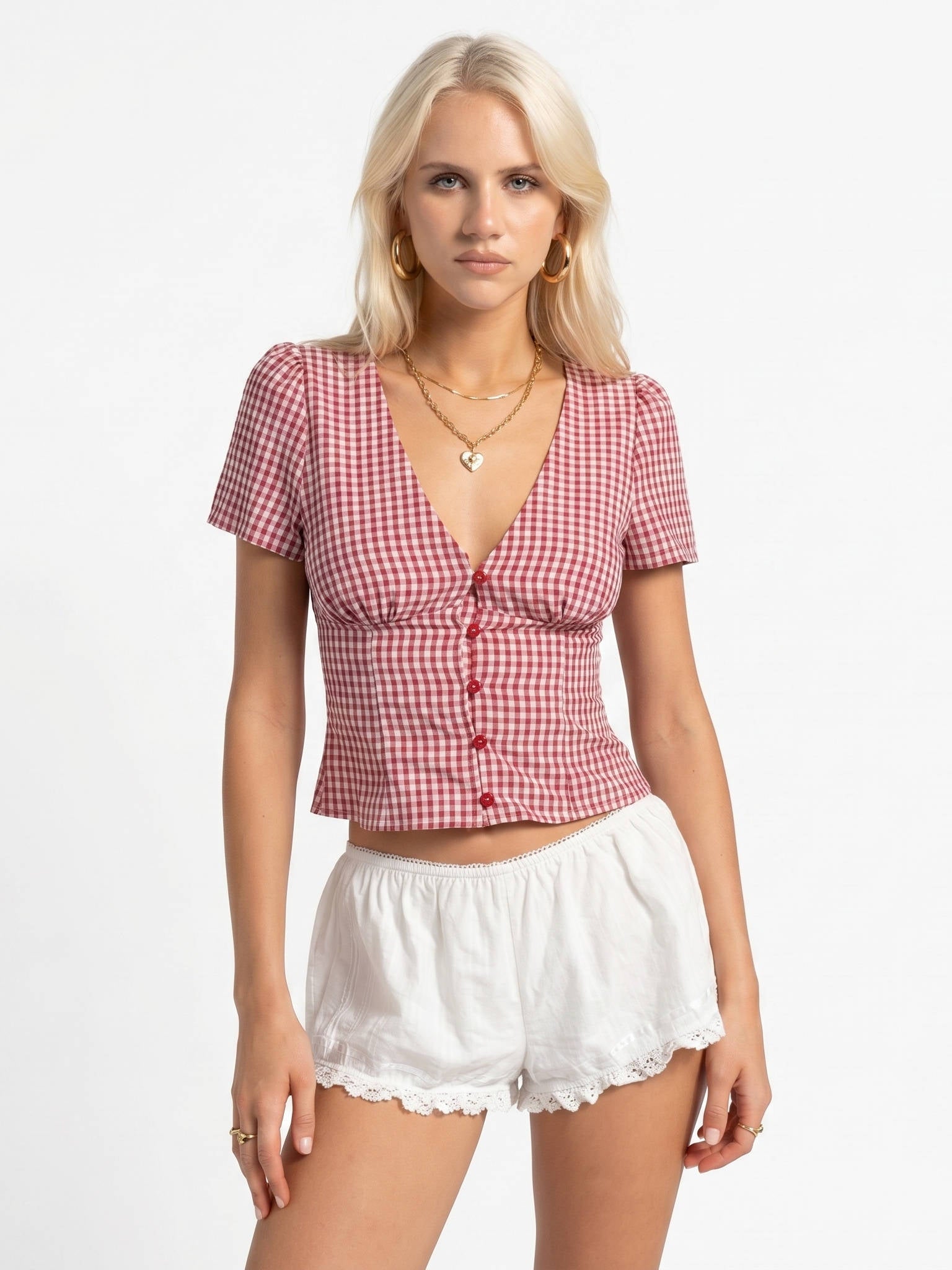 Womens Plaid V Neck Blouse Short Sleeve, Button Front Casual Summer Shirt for Daily Wear