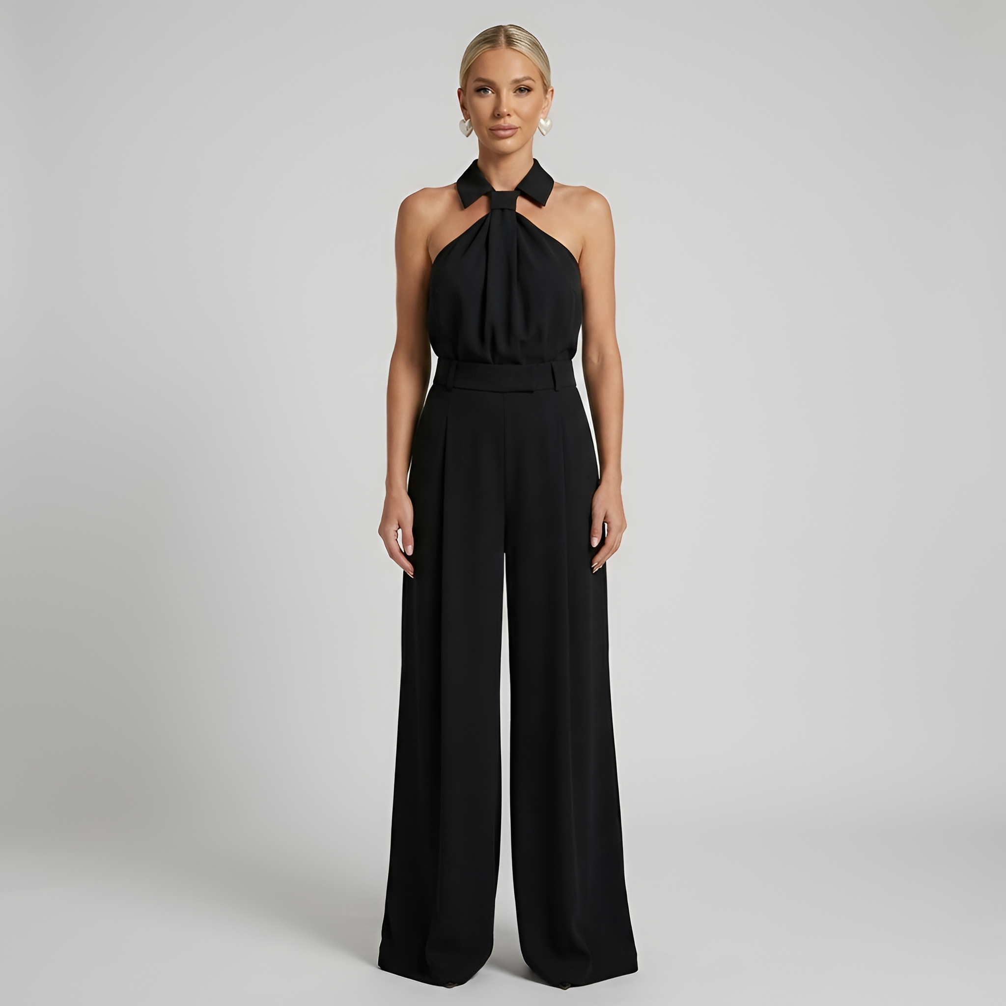 Elegant Women's Palazzo Pants and High Neck Halter Top Jumpsuit