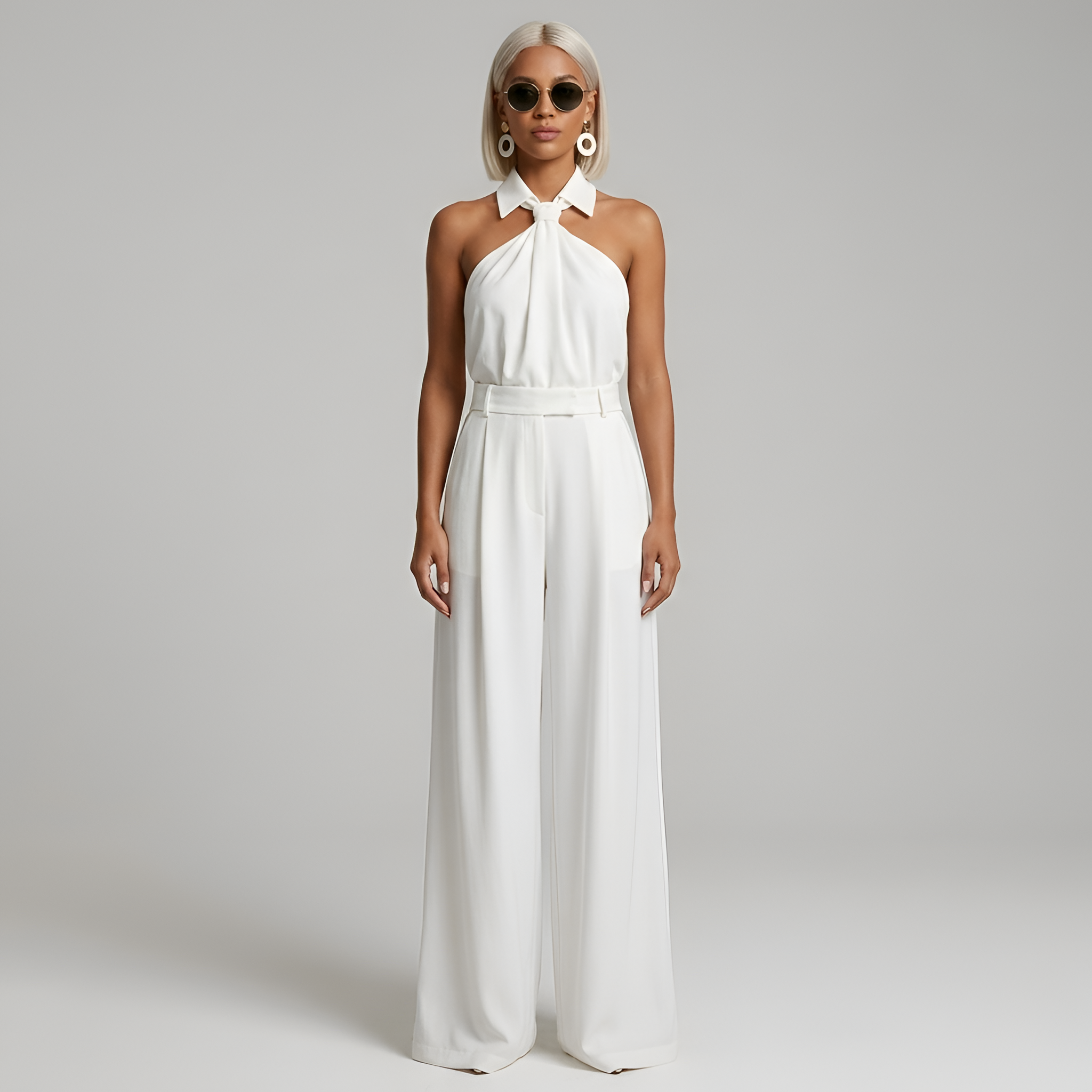 Elegant Women's Palazzo Pants and High Neck Halter Top Jumpsuit