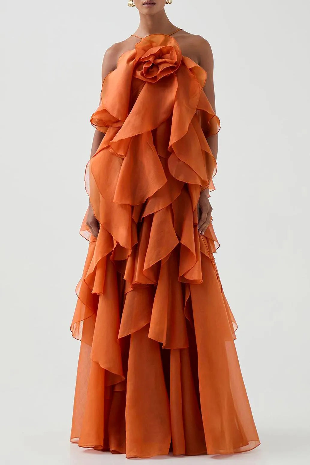 3D floral dress with halter neck and ruffle details