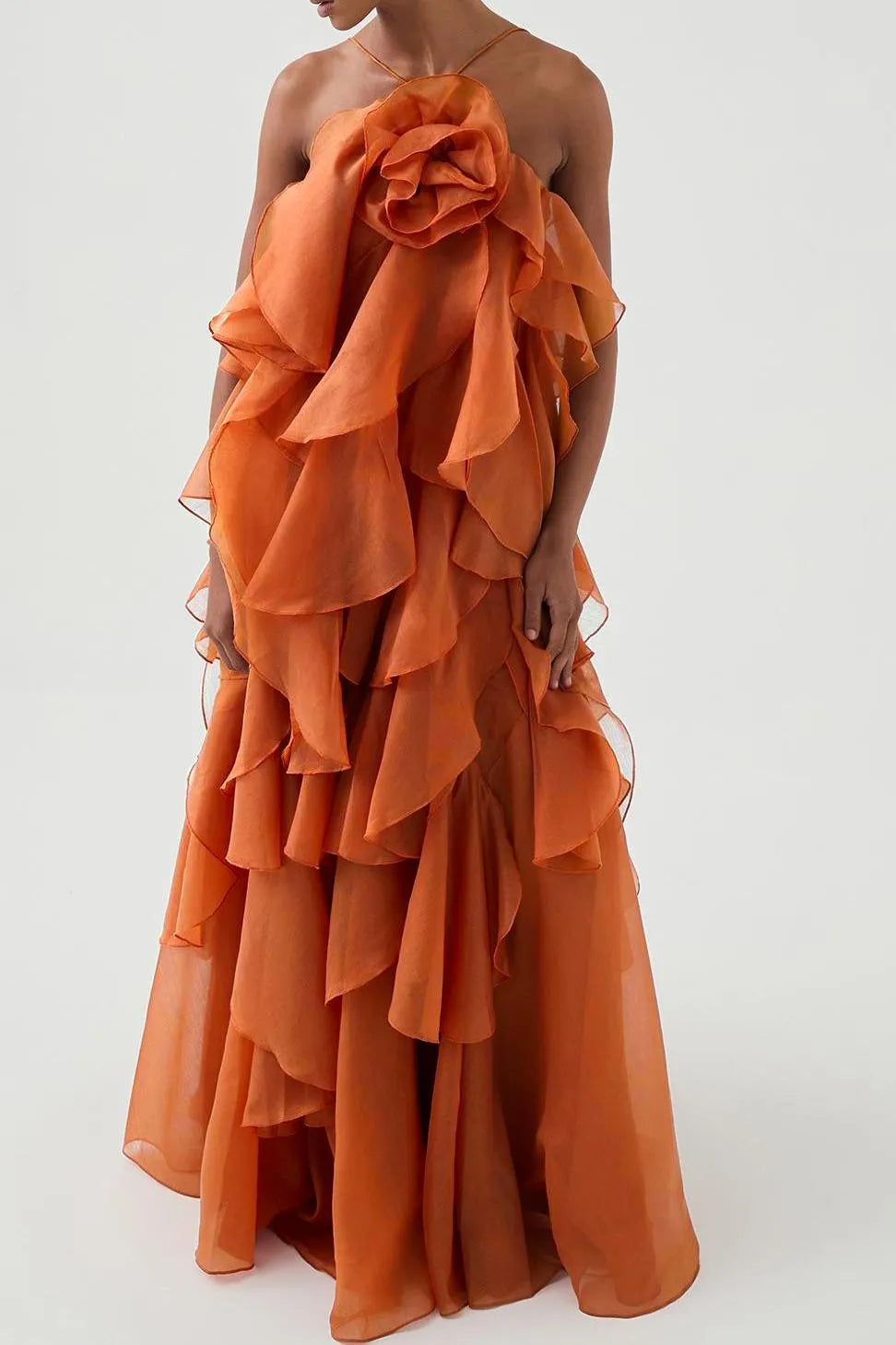 3D floral dress with halter neck and ruffle details