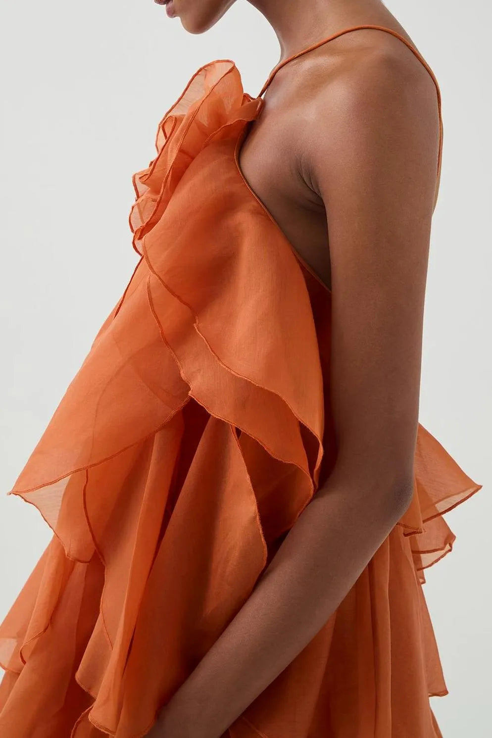 3D floral dress with halter neck and ruffle details