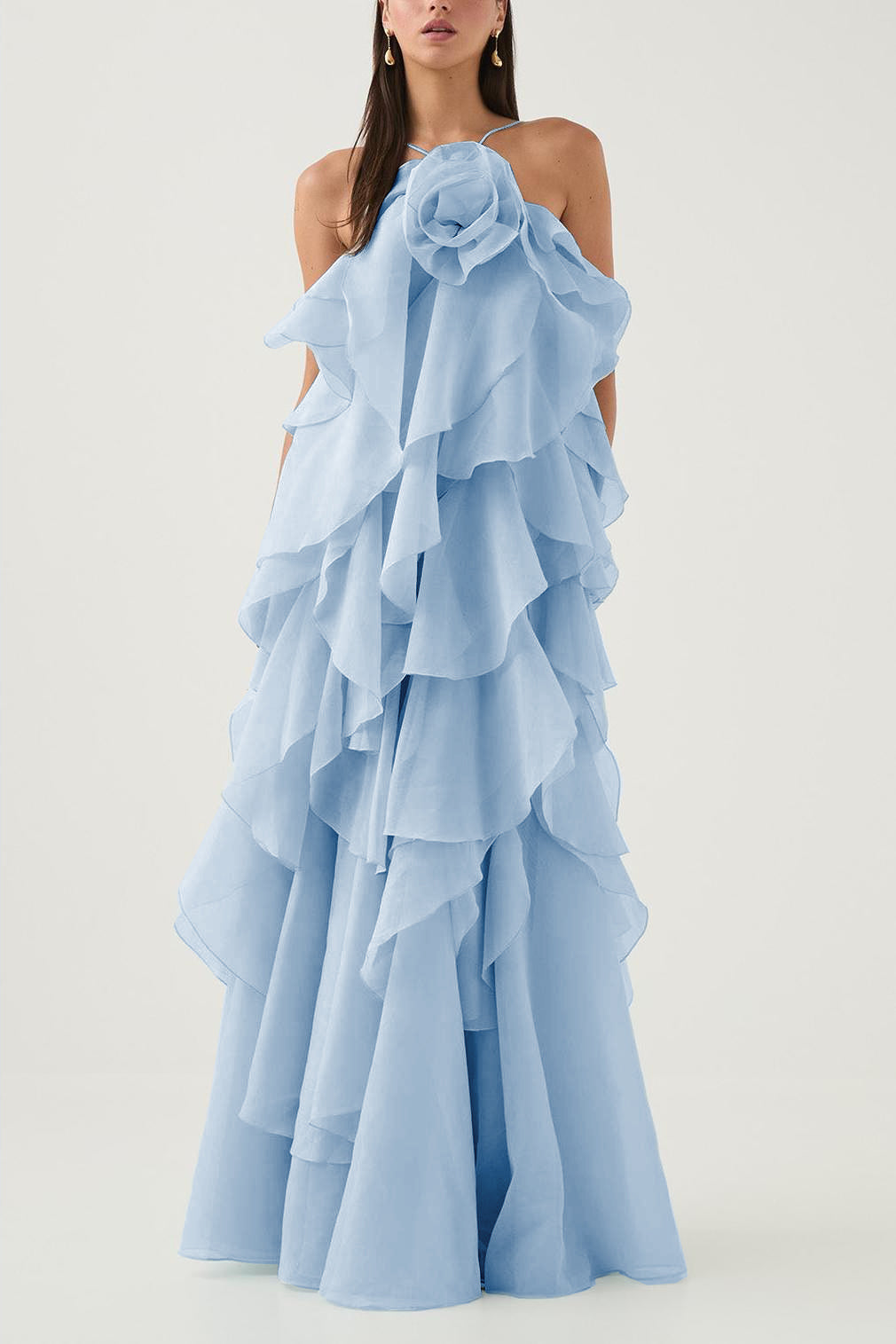 3D floral dress with halter neck and ruffle details