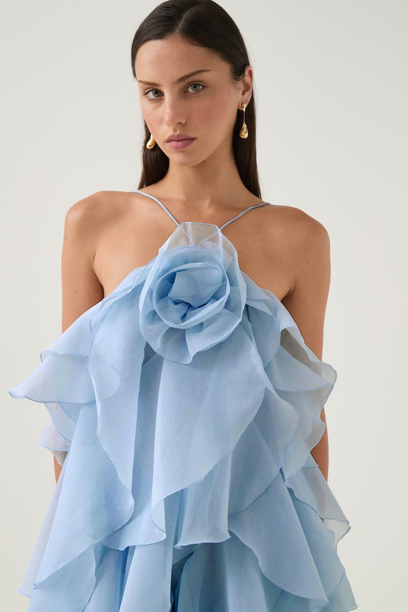 3D floral dress with halter neck and ruffle details