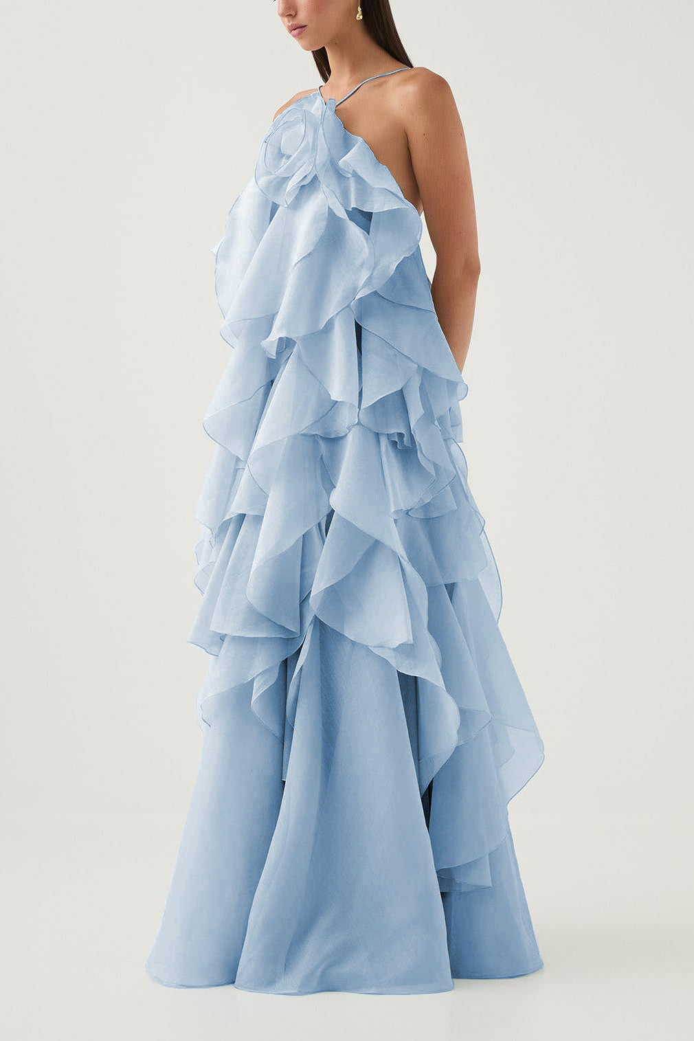 3D floral dress with halter neck and ruffle details