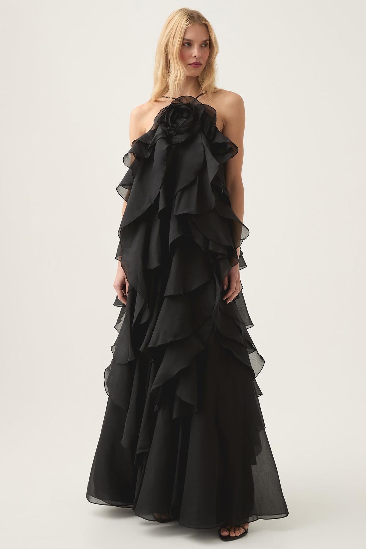 3D floral dress with halter neck and ruffle details